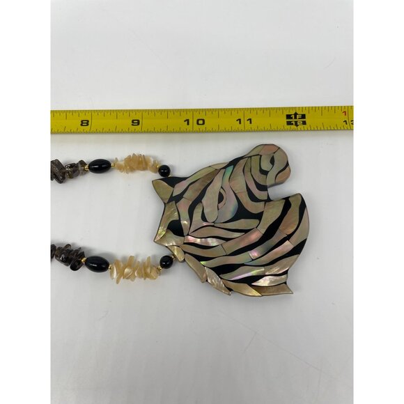 Zebra Pendant Necklace By Lee Sands With Mother Of Pearl Smokey Quartz 24" - Picture 8 of 9